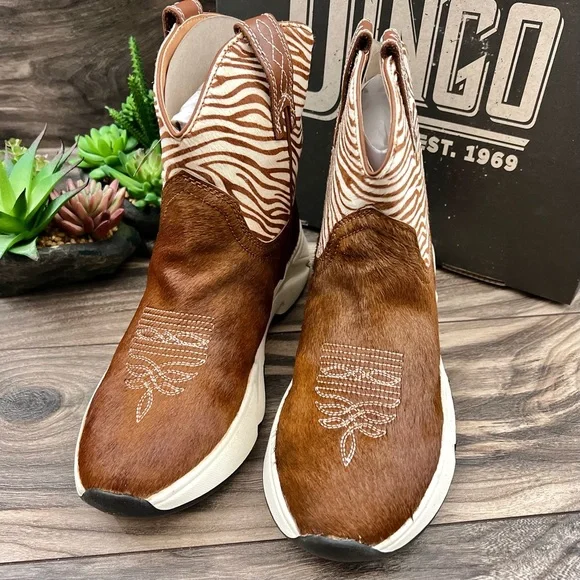 NIB Dan Post Dingo Safari Haircalf Western Cowboy Sneaker Boots Tan Zebra 9M - Picture 3 of 11